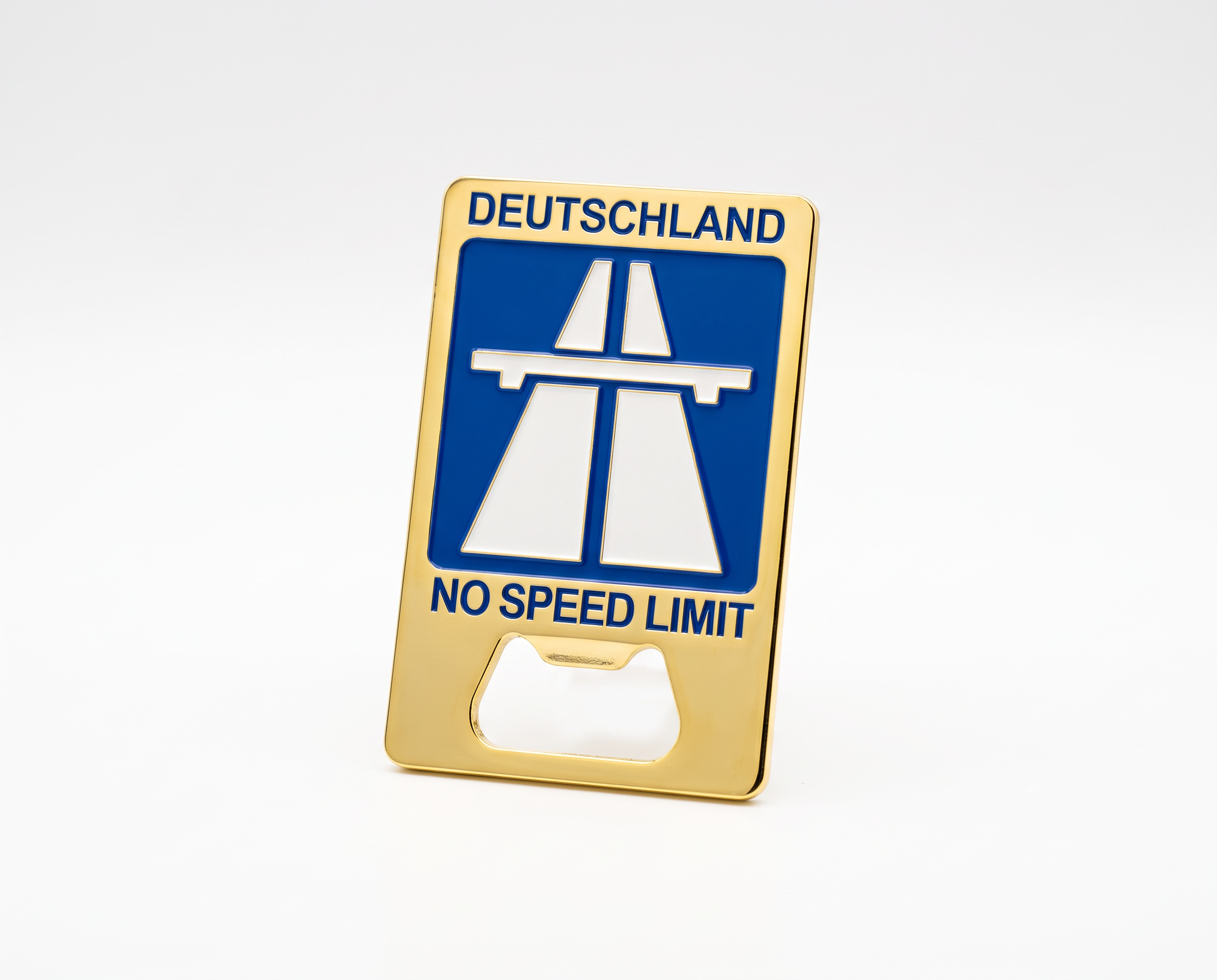 Magnet-Flaschenöffner Autobahnschild „Deutschland No Speed Limit“ Gold | Deutschland Souvenir