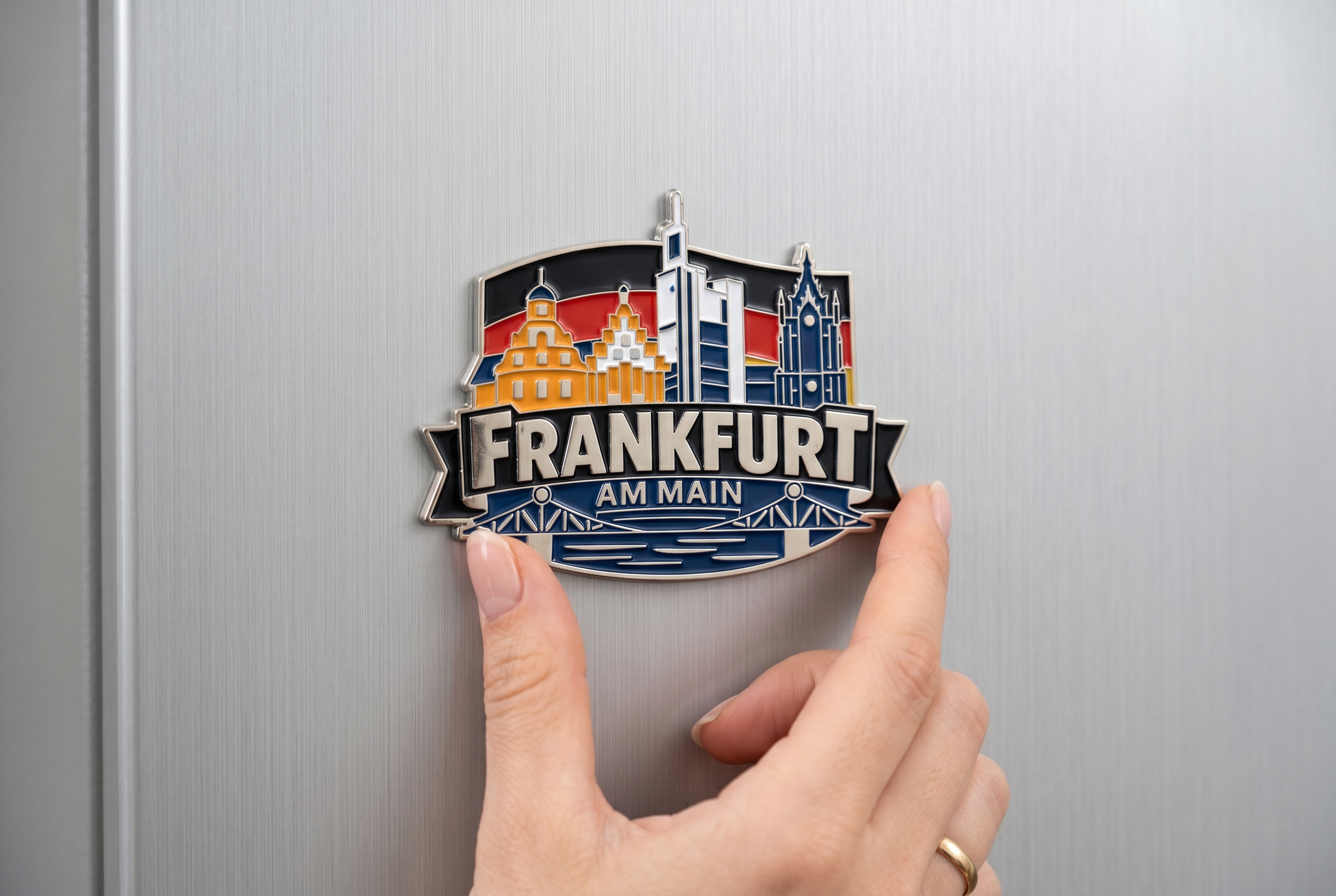 Kühlschrankmagnet Frankfurt Skyline & Römer – Metall Zinklegierung, glänzend