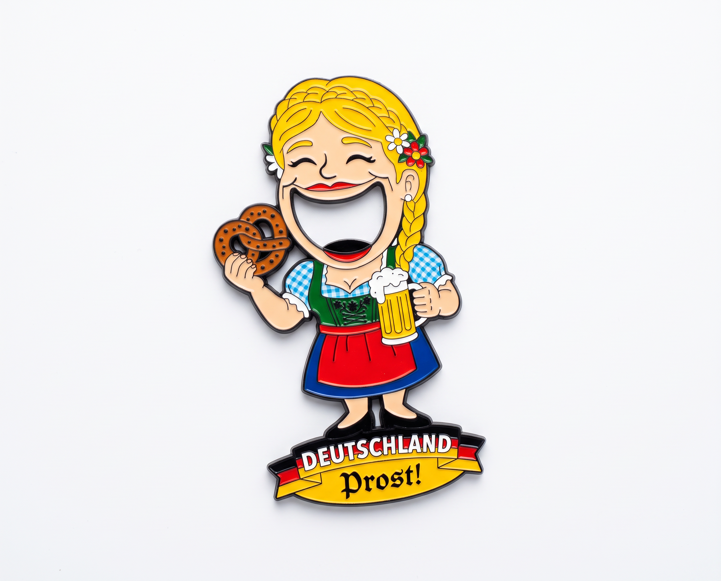 Magnet-Flaschenöffner Dirndl-Frau mit Maßbier & Brezel „Deutschland Prost“ | Oktoberfest Souvenir