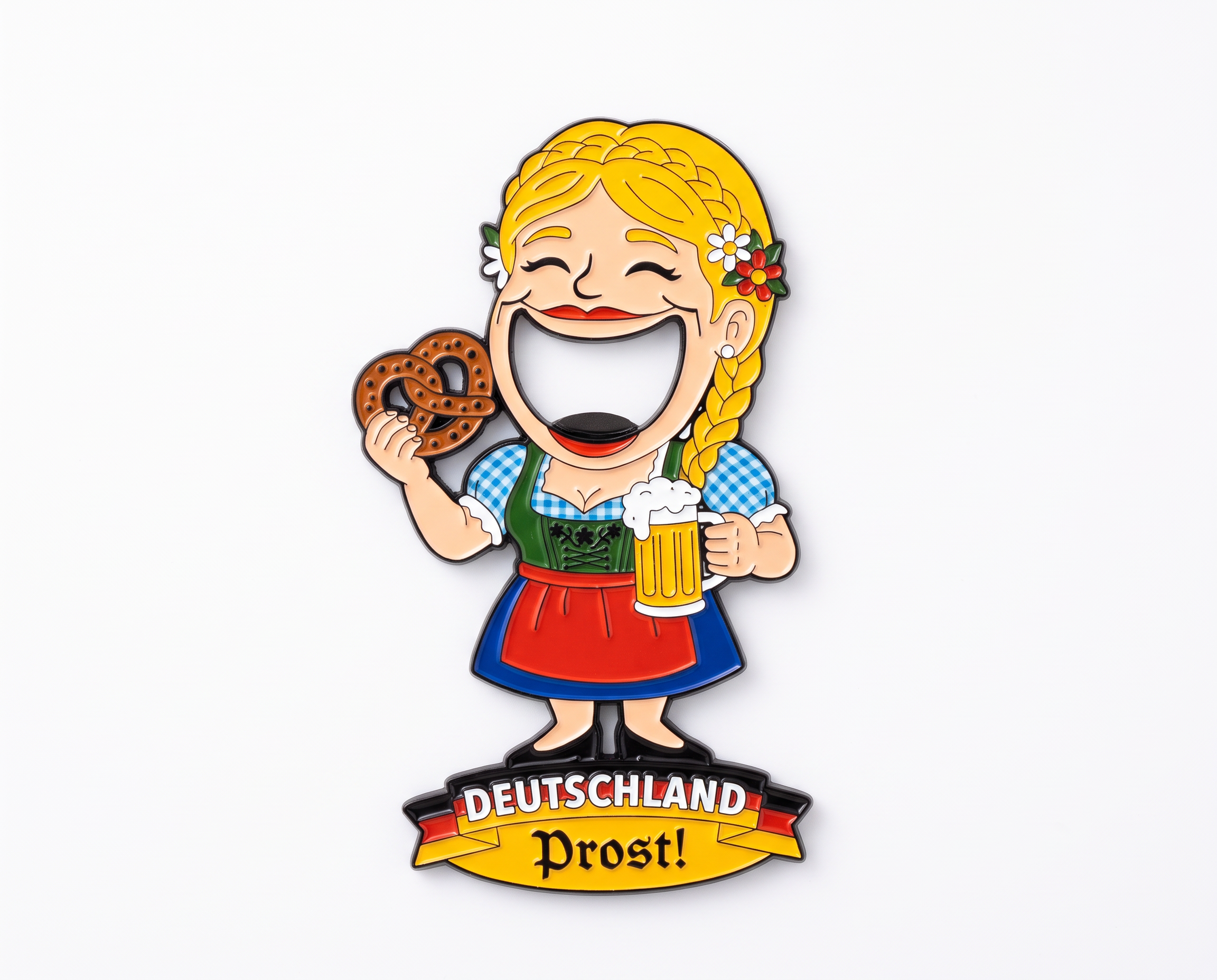 Magnet-Flaschenöffner Dirndl-Frau mit Maßbier & Brezel „Deutschland Prost“ | Oktoberfest Souvenir