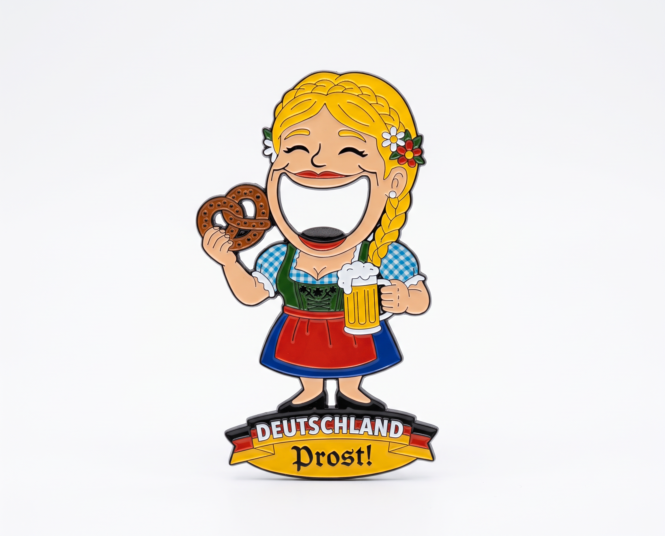 Magnet-Flaschenöffner Dirndl-Frau mit Maßbier & Brezel „Deutschland Prost“ | Oktoberfest Souvenir