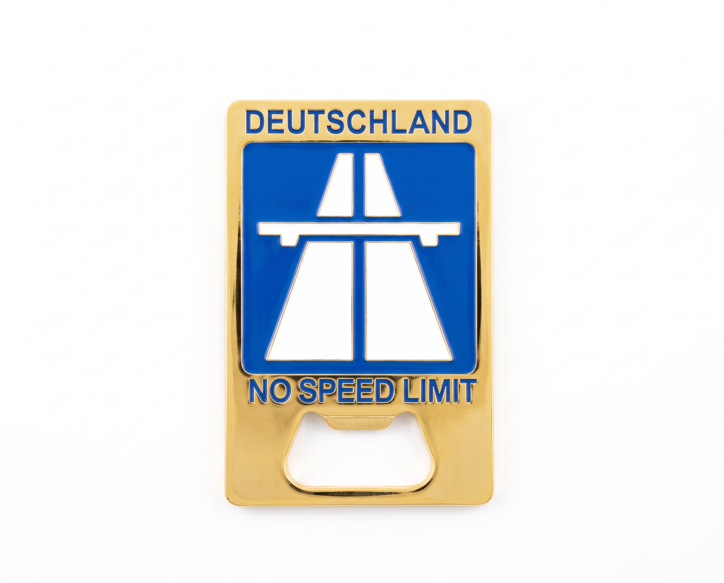 Magnet-Flaschenöffner Autobahnschild „Deutschland No Speed Limit“ Gold | Deutschland Souvenir